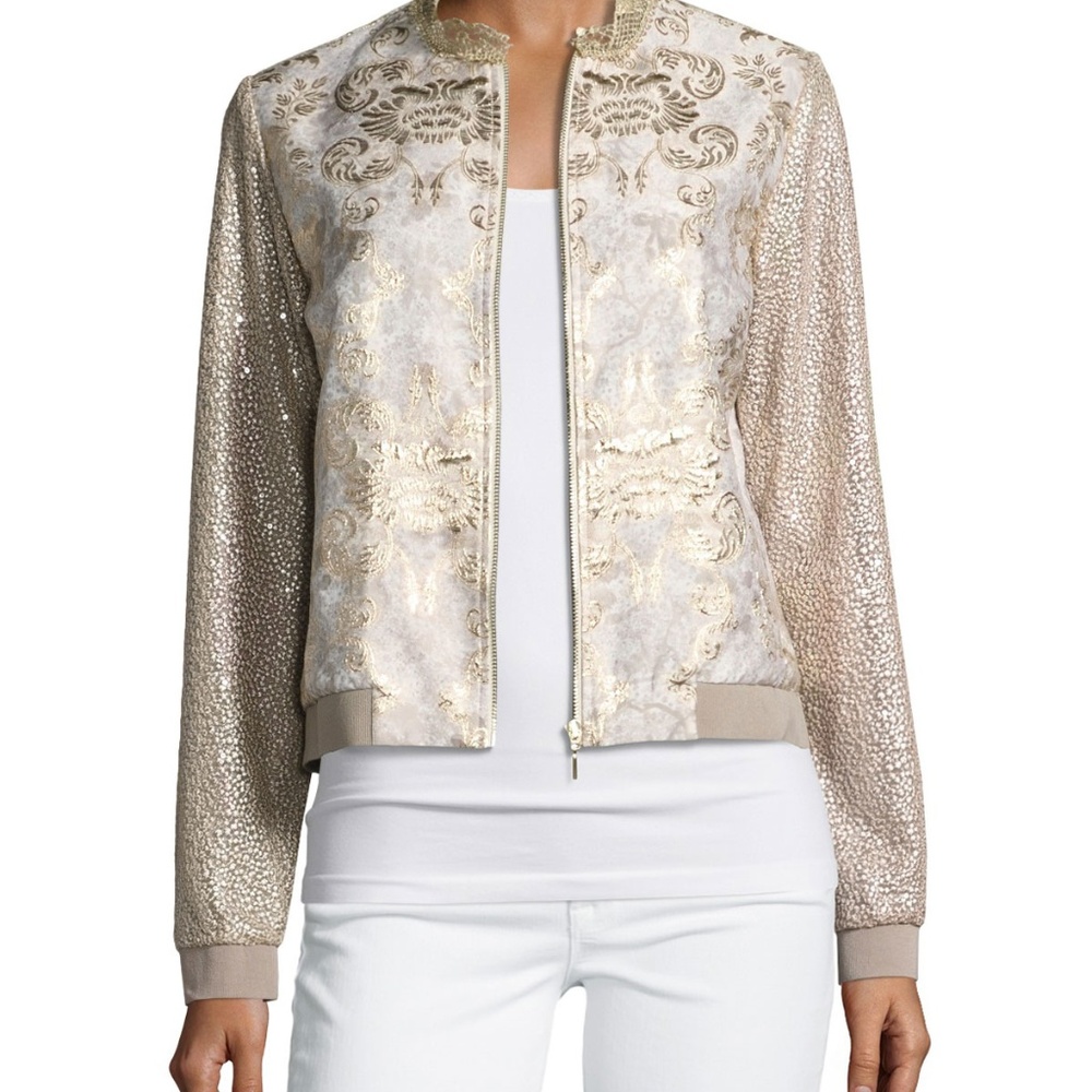 Elie Tahari Glenna Gold Metallic Bomber Jacket
